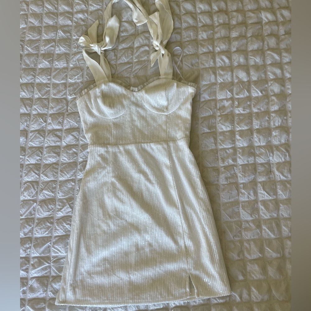 Lulus glowing white sequin bustier tie strap mini dress - Picture 5 of 13